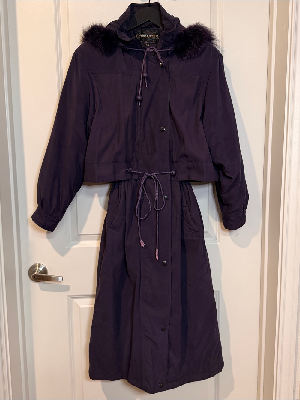 Forecaster of Boston Women's Purple Fur-Trim Hooded Trench Coat Drawstring Waist